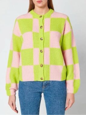 STINE GOYA Checkerboard Button-Up Cardigan in Pink & Lime plaid crewneck sweater